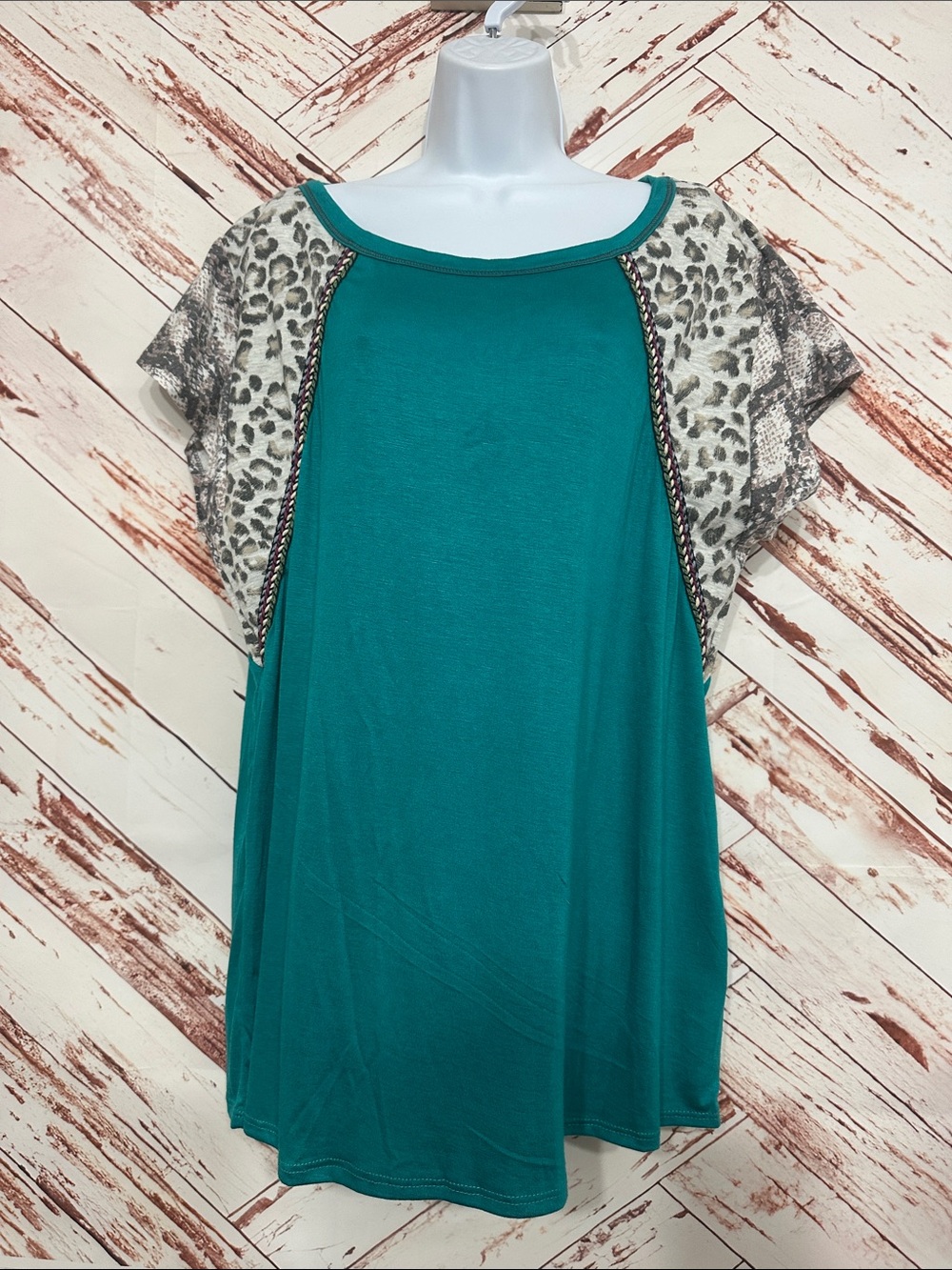 NWT BiBi Teal Short Sleeve Top with Leopard-Print Sleeves